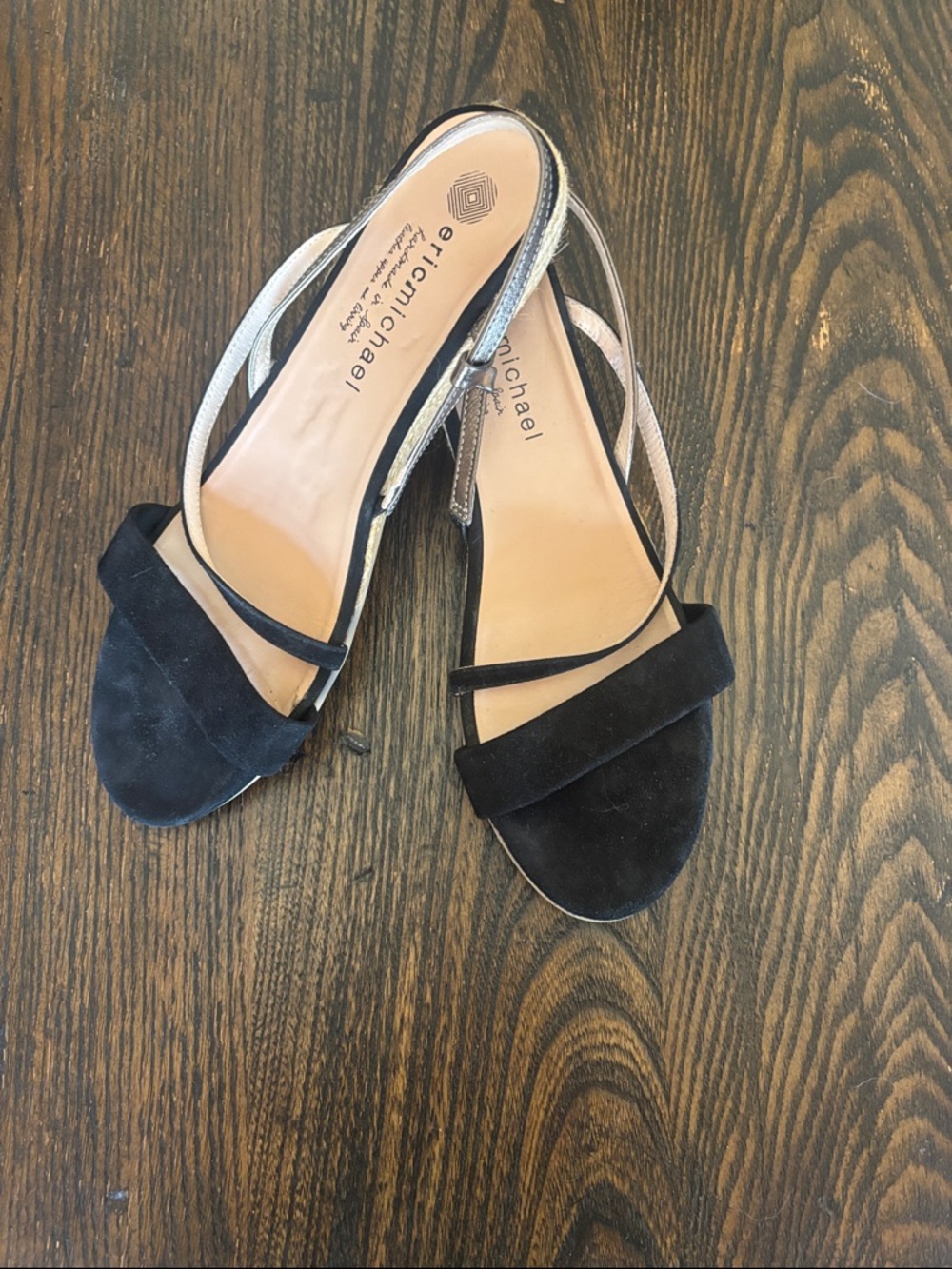 Eric Michael Black Suede Slingback Espadrilles with Metallic Straps